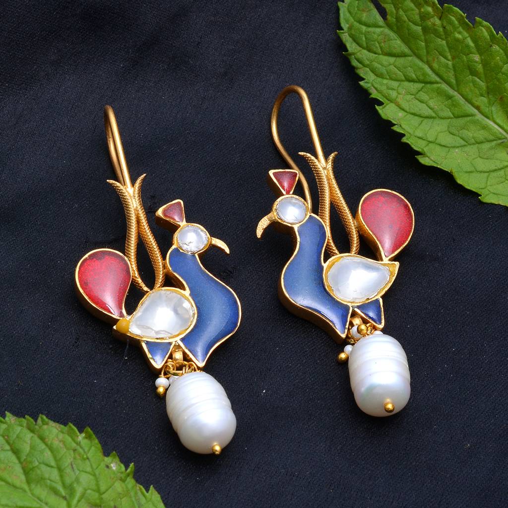 925 Sterling Dangaling Studs With 24K Gold Plated And Cystal Polki And Fresh Water Pearls : 2653