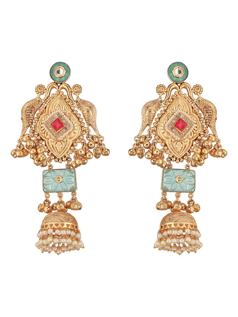 Gold Toned Kundan Studded Lightweight Bird Motif  Statement Bridal Jhumka Earrings : SJER2654