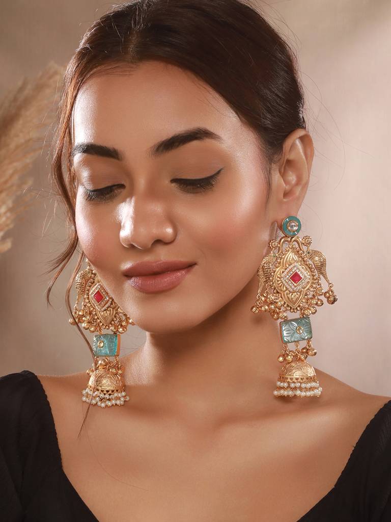 Gold Toned Kundan Studded Lightweight Bird Motif  Statement Bridal Jhumka Earrings : SJER2654