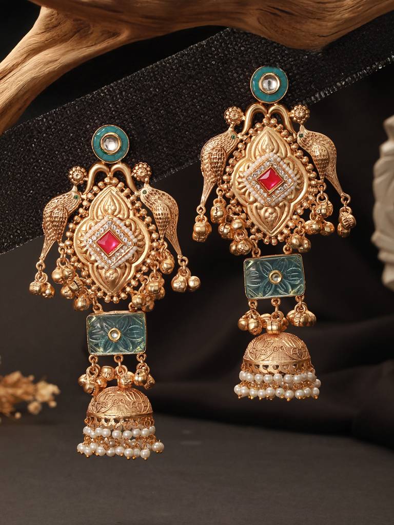 Gold Toned Kundan Studded Lightweight Bird Motif  Statement Bridal Jhumka Earrings : SJER2654