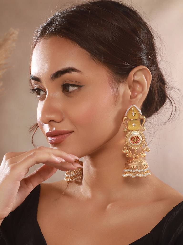 Gold Toned Yellow Stone & Kundan Lightweight Statement Large Jhumka Earrings : SJER2655