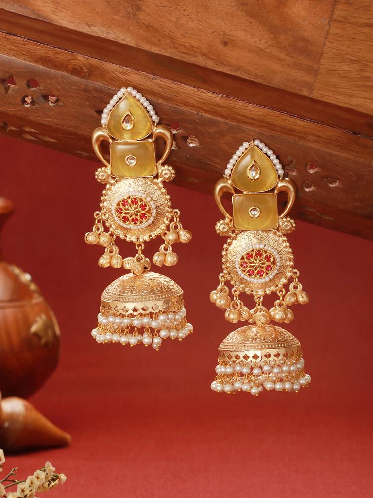 Gold Toned Yellow Stone & Kundan Lightweight Statement Large Jhumka Earrings : SJER2655