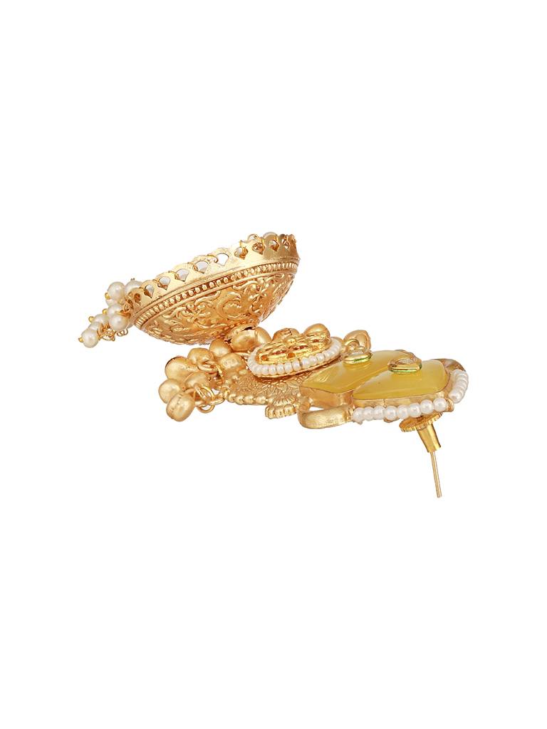 Gold Toned Yellow Stone & Kundan Lightweight Statement Large Jhumka Earrings : SJER2655