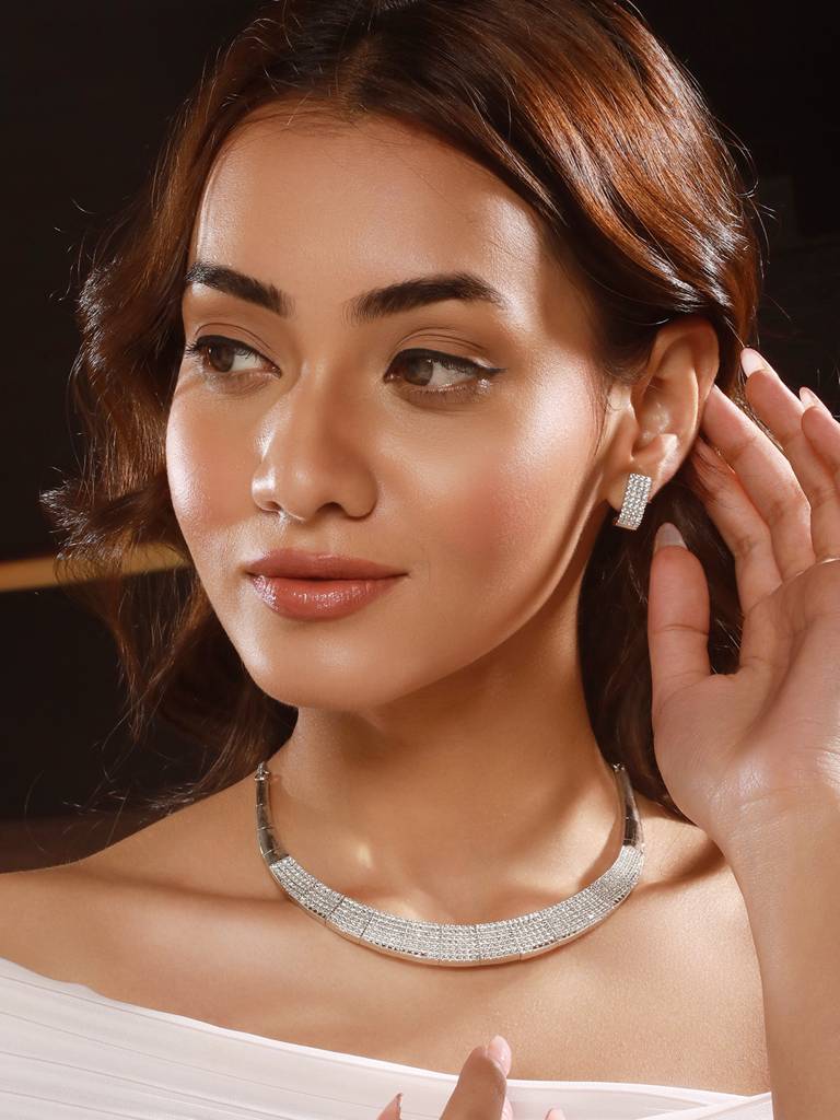 Silver Toned Zircon Studded Statement Collar Necklace Jewellery Set : SJNK2657