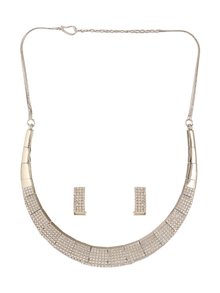 Silver Toned Zircon Studded Statement Collar Necklace Jewellery Set : SJNK2657