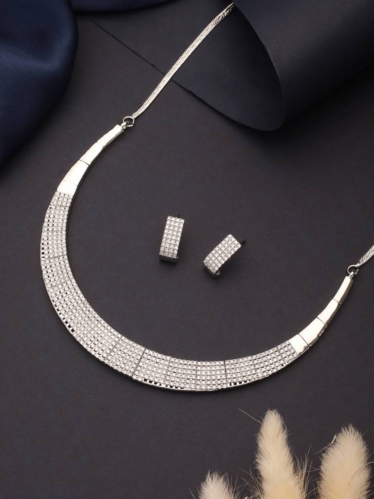 Silver Toned Zircon Studded Statement Collar Necklace Jewellery Set : SJNK2657