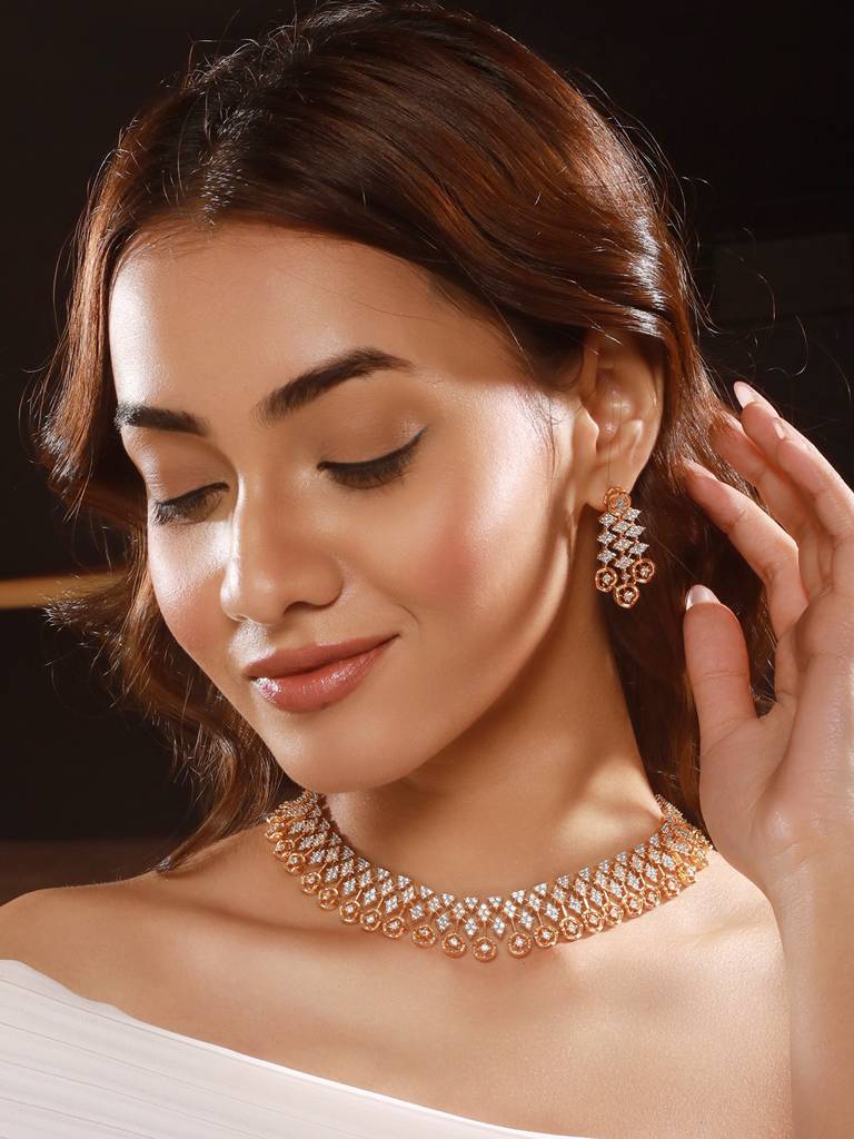 Gold Dual Toned C Zircon Studded Statement Geometric Partywear Necklace Jewellery Set : SJNK2658