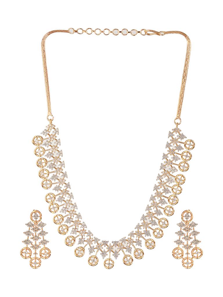 Gold Dual Toned C Zircon Studded Statement Geometric Partywear Necklace Jewellery Set : SJNK2658