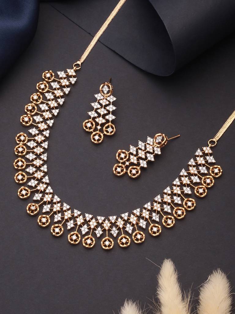Gold Dual Toned C Zircon Studded Statement Geometric Partywear Necklace Jewellery Set : SJNK2658