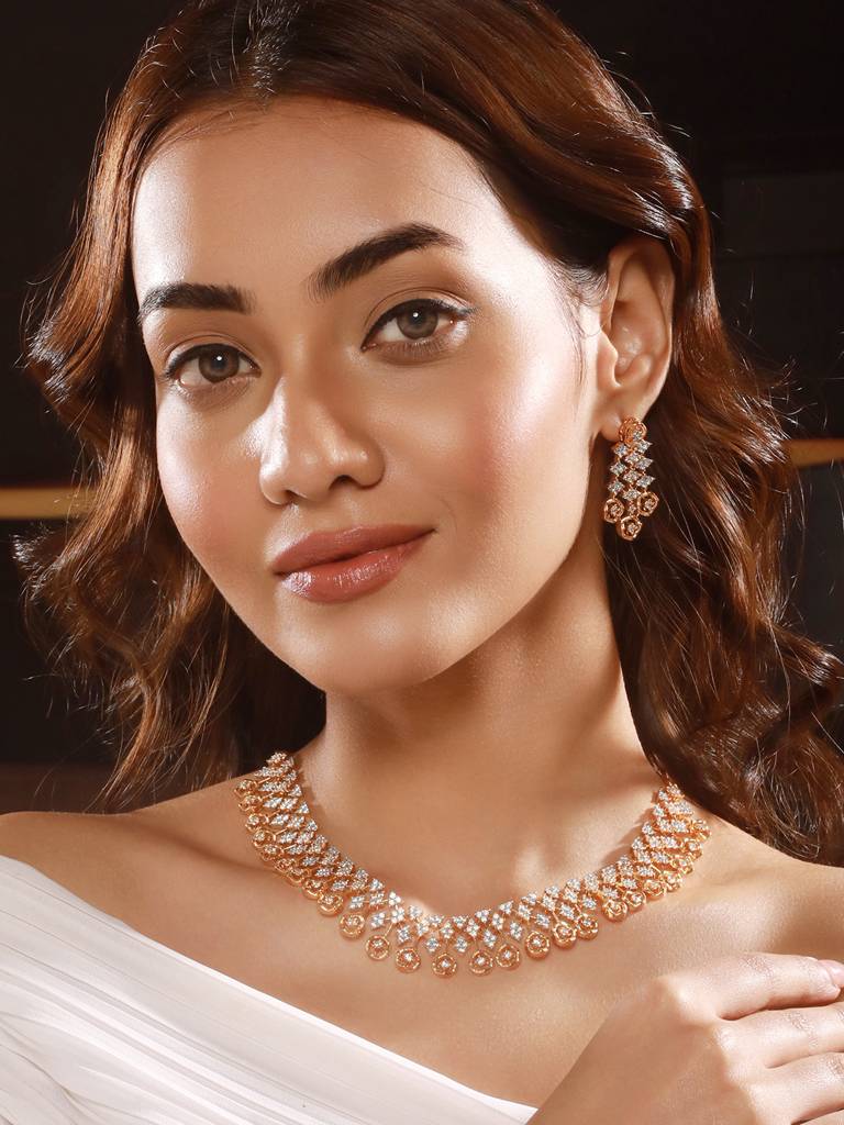 Gold Dual Toned C Zircon Studded Statement Geometric Partywear Necklace Jewellery Set : SJNK2658