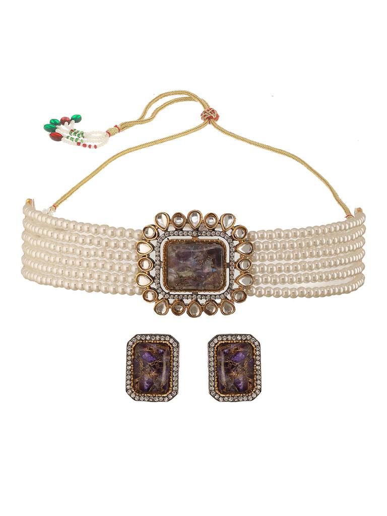 Gold Toned Amethyst Kundan Studded Layered Pearl Necklace Choker Jewellery Set : SJNK2659