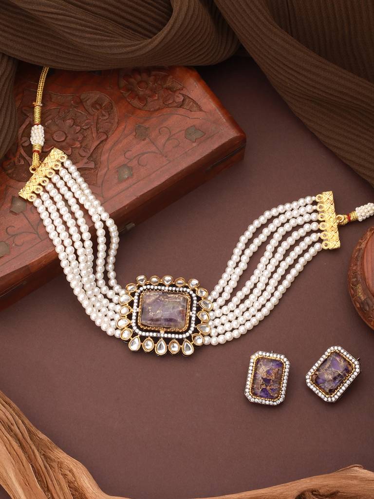 Gold Toned Amethyst Kundan Studded Layered Pearl Necklace Choker Jewellery Set : SJNK2659