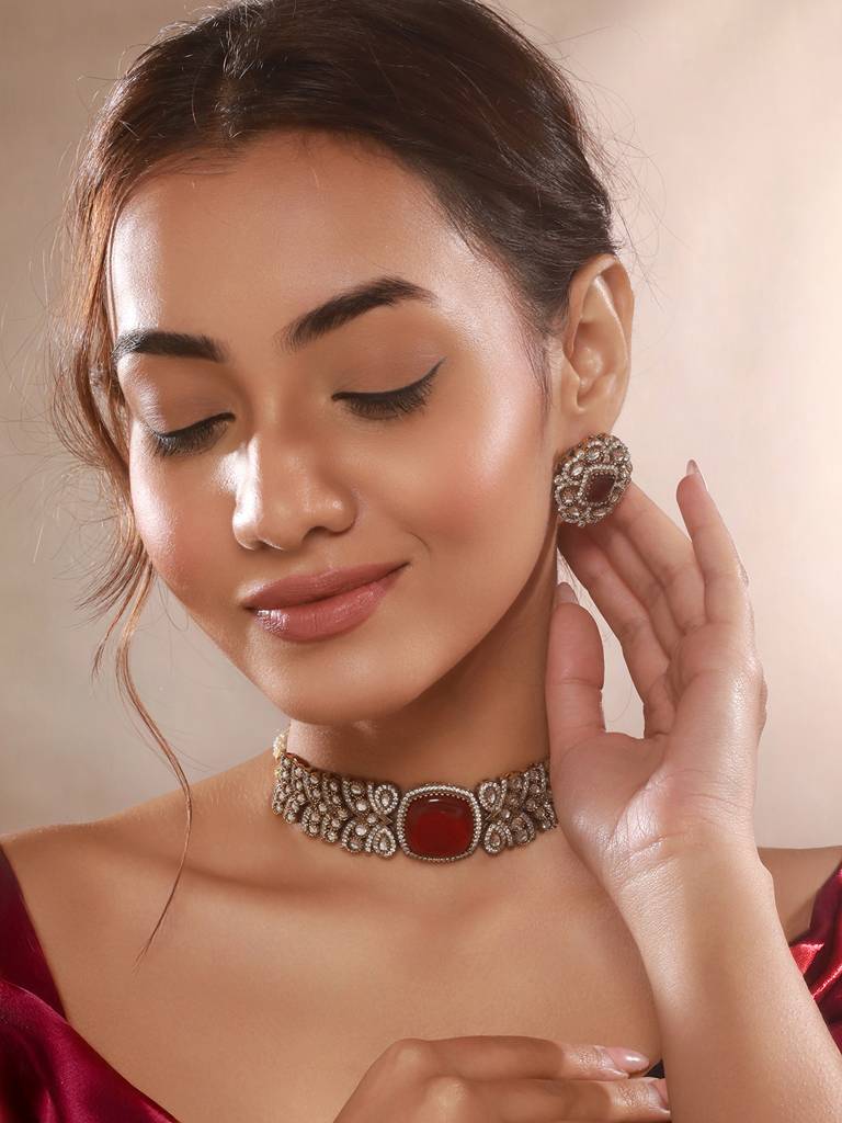 Gold  Toned Ruby Red Mossanite Kundan  Statement  Choker Jewellery Set : SJNK2660