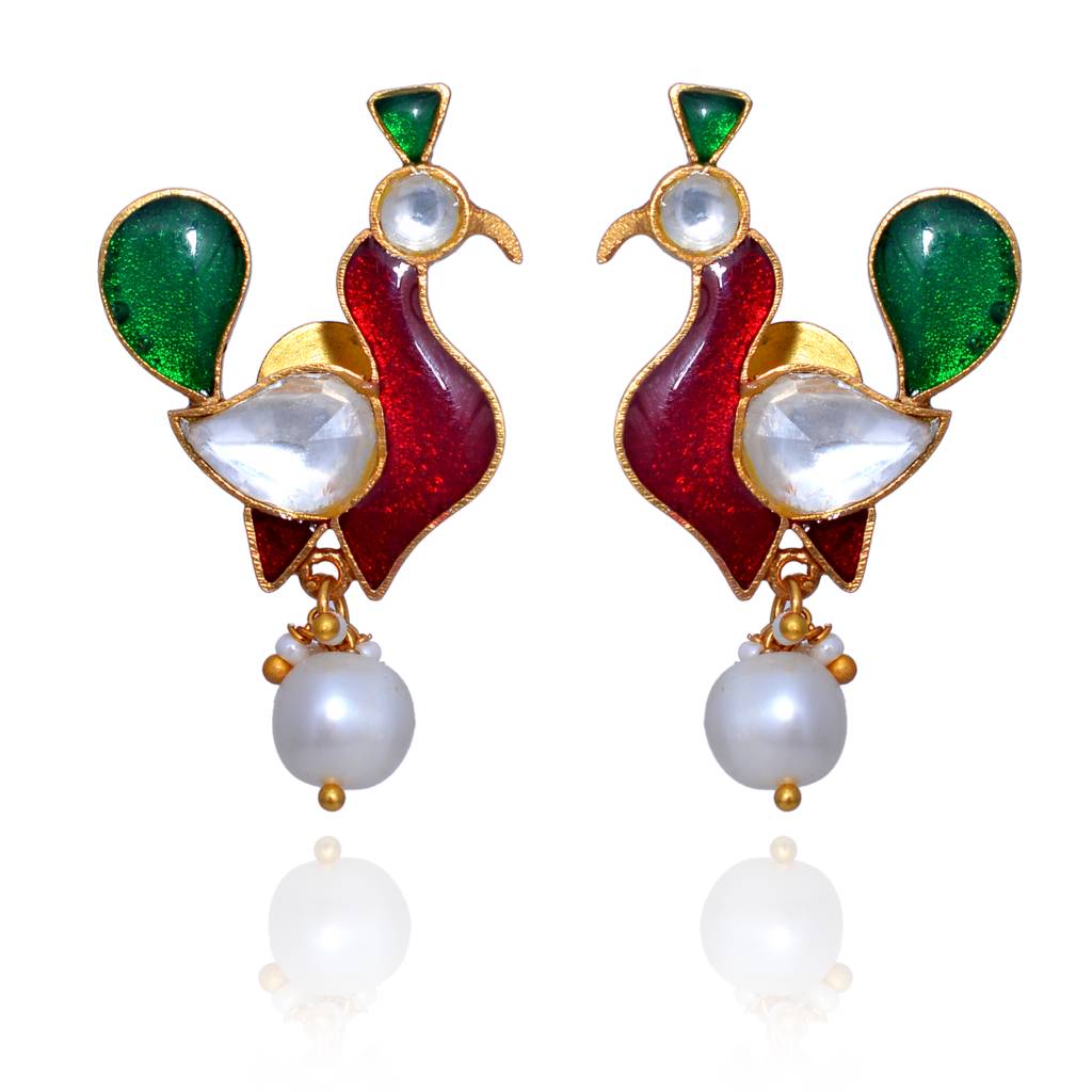 925 Sterling Dangling Studs With 24K Gold Plated And Cystal Polki And Fresh Water Pearls : 2661
