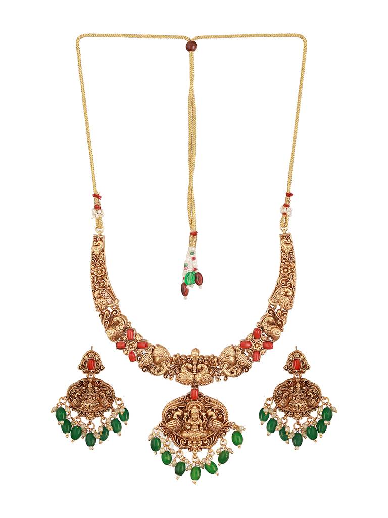 Gold Polish Red Coral Studded Lakshmiji Temple Necklace Jewellery Set : SJNK2661