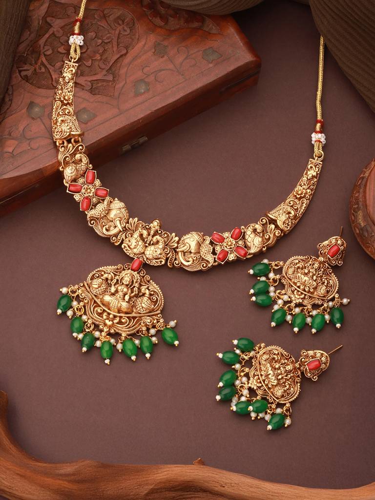 Gold Polish Red Coral Studded Lakshmiji Temple Necklace Jewellery Set : SJNK2661