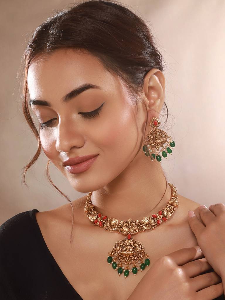 Gold Polish Red Coral Studded Lakshmiji Temple Necklace Jewellery Set : SJNK2661