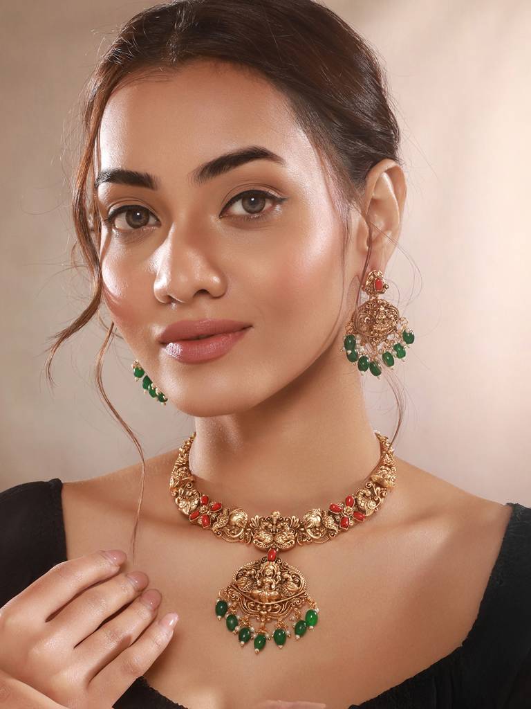 Gold Polish Red Coral Studded Lakshmiji Temple Necklace Jewellery Set : SJNK2661