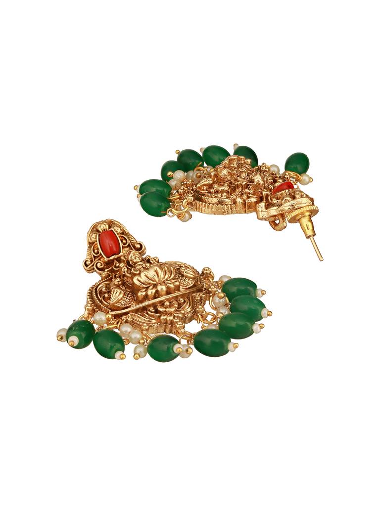Gold Polish Red Coral Studded Lakshmiji Temple Necklace Jewellery Set : SJNK2661