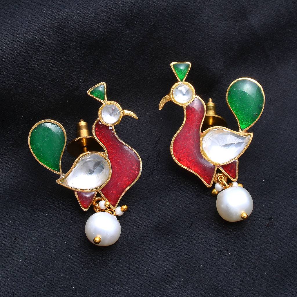 925 Sterling Dangling Studs With 24K Gold Plated And Cystal Polki And Fresh Water Pearls : 2661