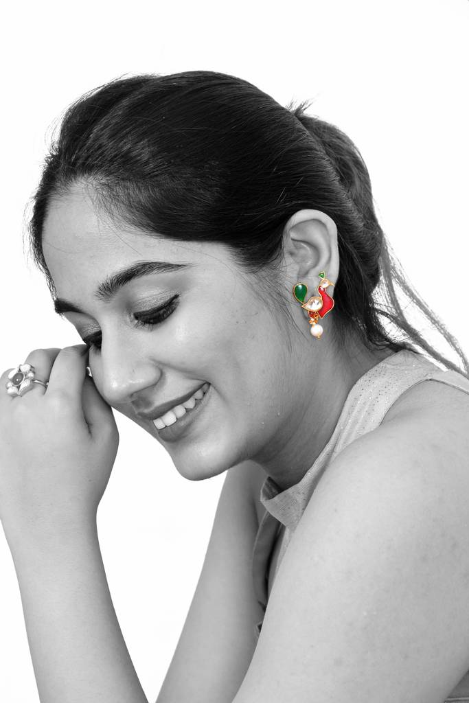 925 Sterling Dangling Studs With 24K Gold Plated And Cystal Polki And Fresh Water Pearls : 2661
