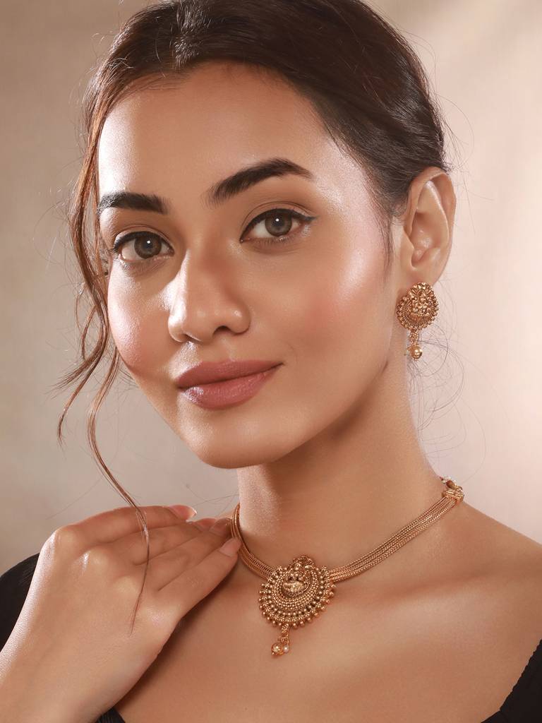 Gold Polish Flexible Brass Chain  Minimal Temple Lakshmiji Jewellery Set : SJNK2662