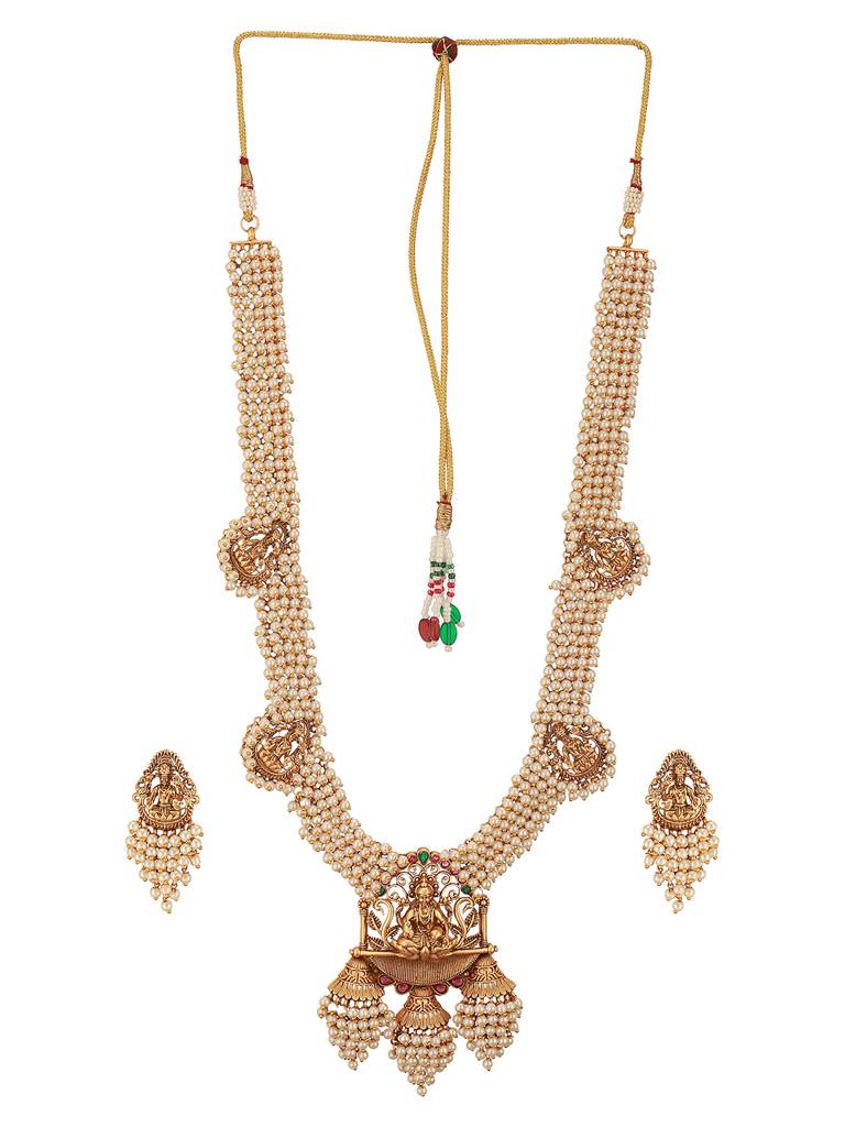 Gold Plated Pearl Beaded Haram Temple Lakshmiji Pendant Jewellery Set : SJNK2663