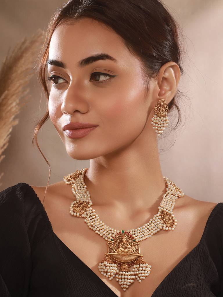 Gold Plated Pearl Beaded Haram Temple Lakshmiji Pendant Jewellery Set : SJNK2663