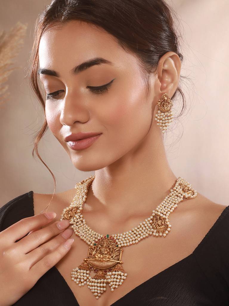 Gold Plated Pearl Beaded Haram Temple Lakshmiji Pendant Jewellery Set : SJNK2663