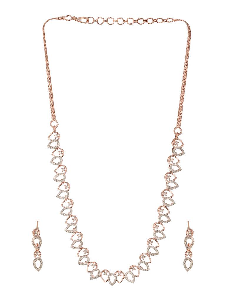 Rose Gold Toned Cubic Zircon Studded Pear Shaped Minimal Jewellery Set : SJNK2664