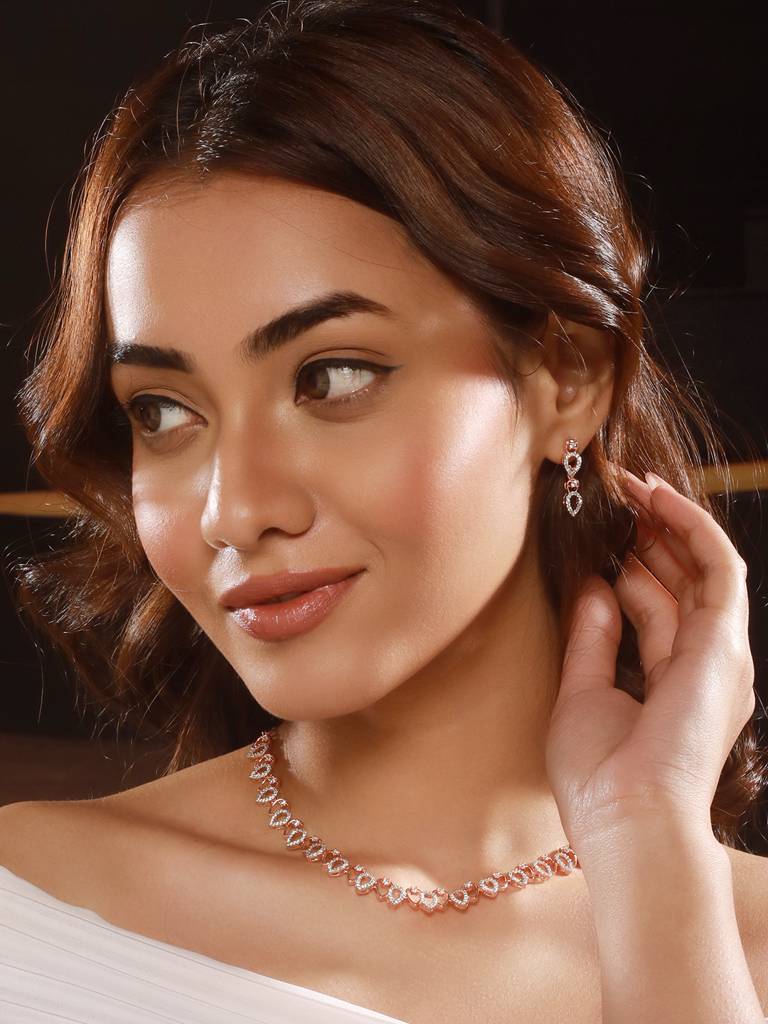 Rose Gold Toned Cubic Zircon Studded Pear Shaped Minimal Jewellery Set : SJNK2664