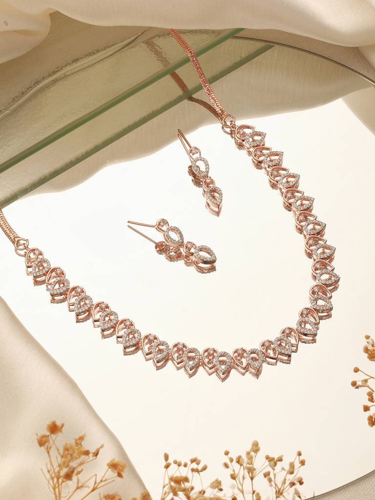 Rose Gold Toned Cubic Zircon Studded Pear Shaped Minimal Jewellery Set : SJNK2664