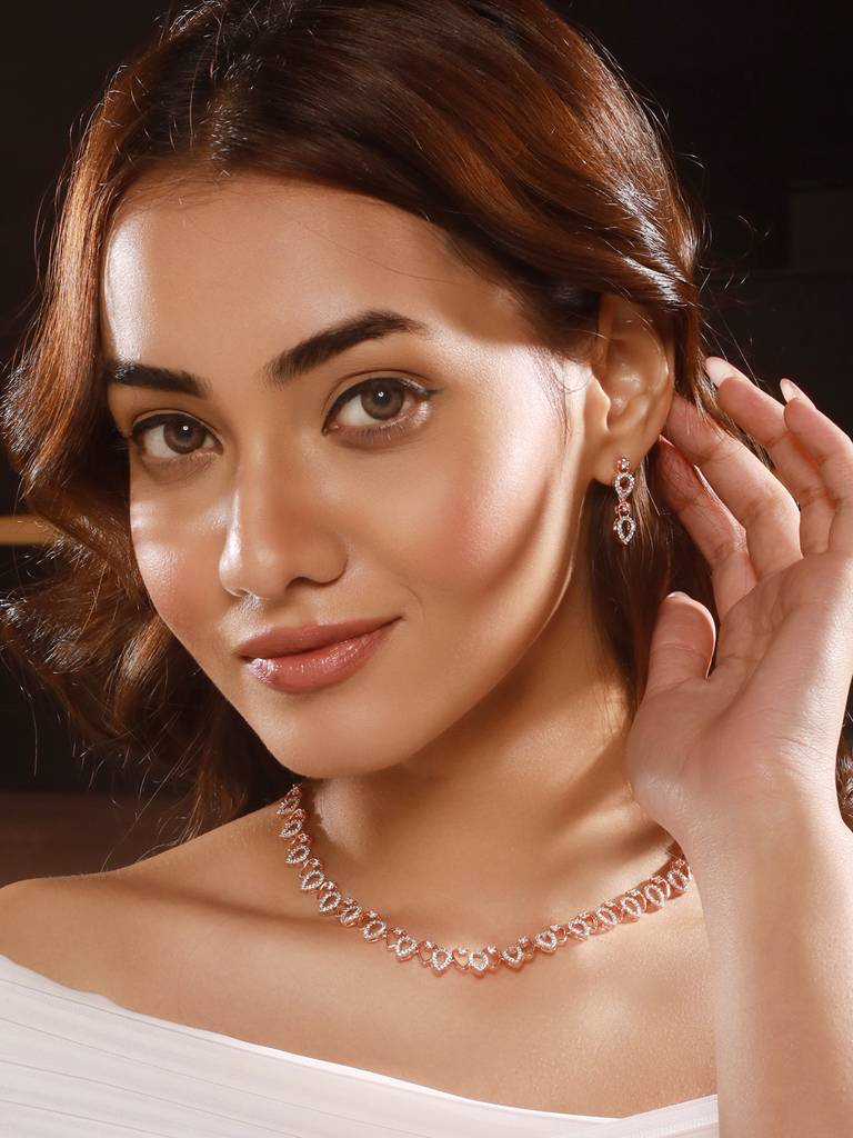 Rose Gold Toned Cubic Zircon Studded Pear Shaped Minimal Jewellery Set : SJNK2664