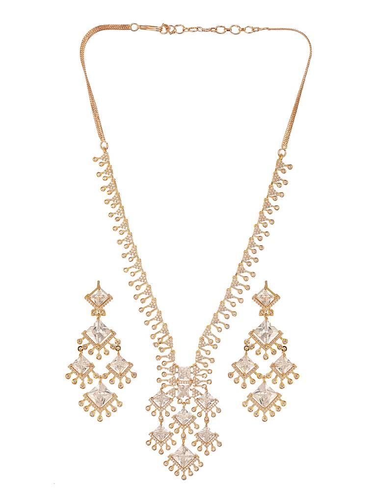 Gold Toned Cubic Zirconia Studded Designer  Chandelier  Statement Necklace Jewellery Set : SJNK2665