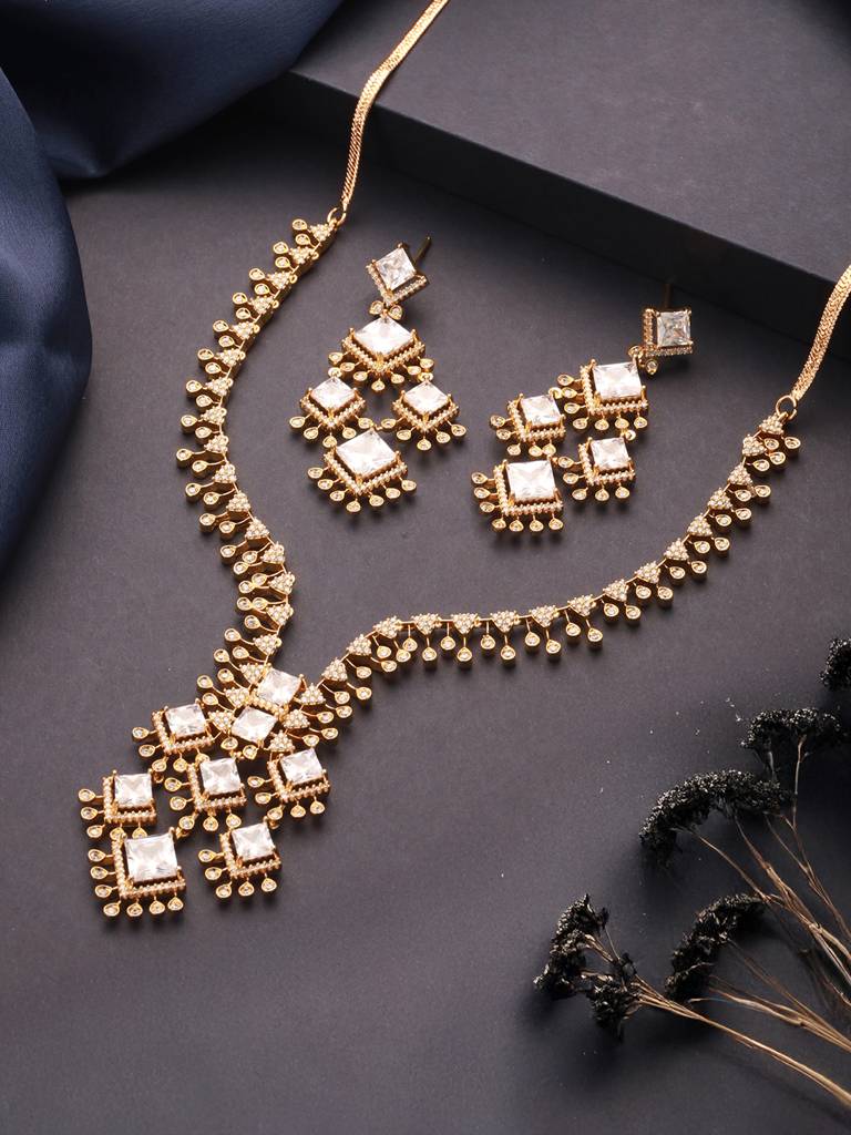 Gold Toned Cubic Zirconia Studded Designer  Chandelier  Statement Necklace Jewellery Set : SJNK2665