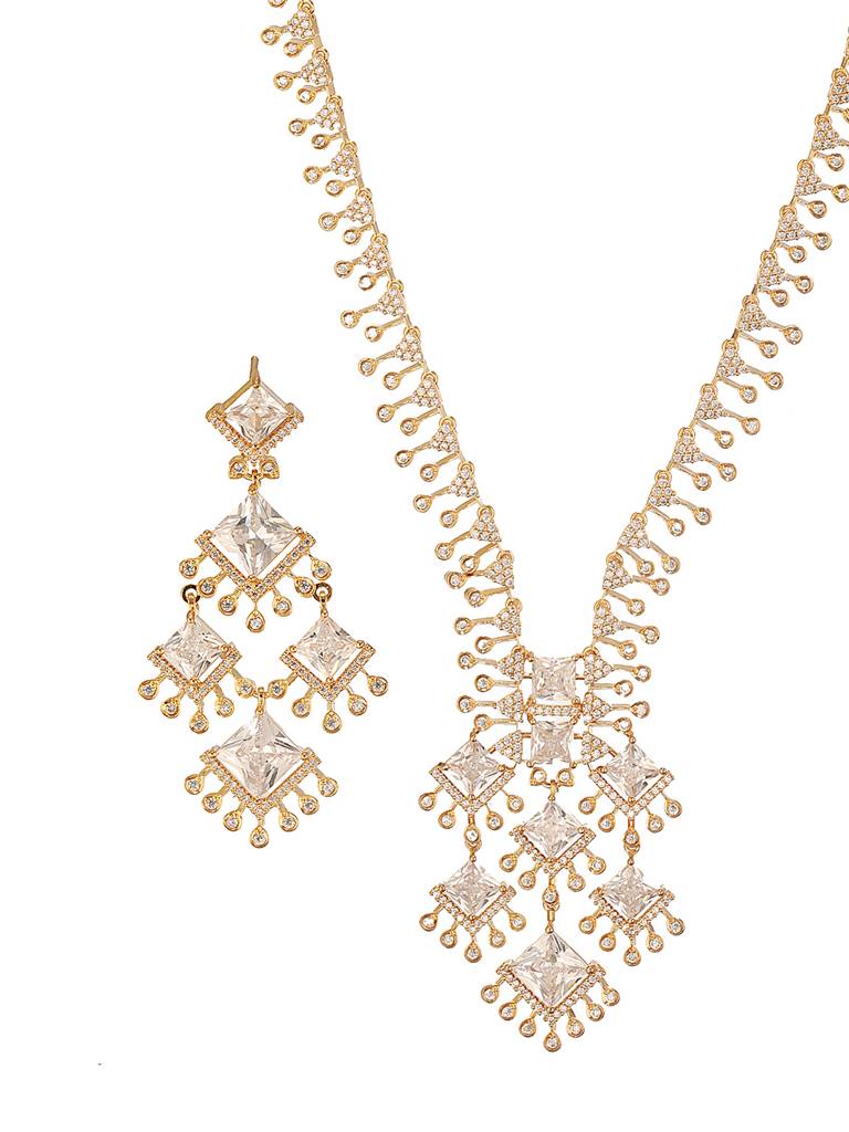 Gold Toned Cubic Zirconia Studded Designer  Chandelier  Statement Necklace Jewellery Set : SJNK2665