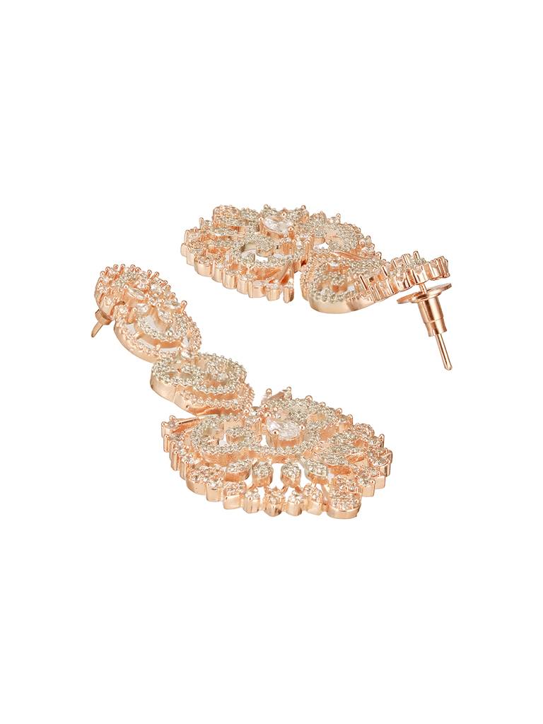 Rose Gold Toned Cubic Zircon Studded Designer Floral Dangler Earrings : SJER2666