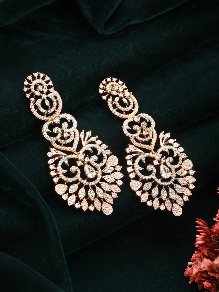 Rose Gold Toned Cubic Zircon Studded Designer Floral Dangler Earrings : SJER2666