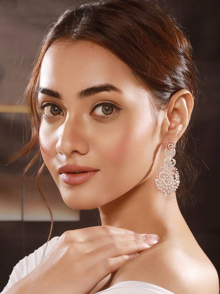 Rose Gold Toned Cubic Zircon Studded Designer Floral Dangler Earrings : SJER2666