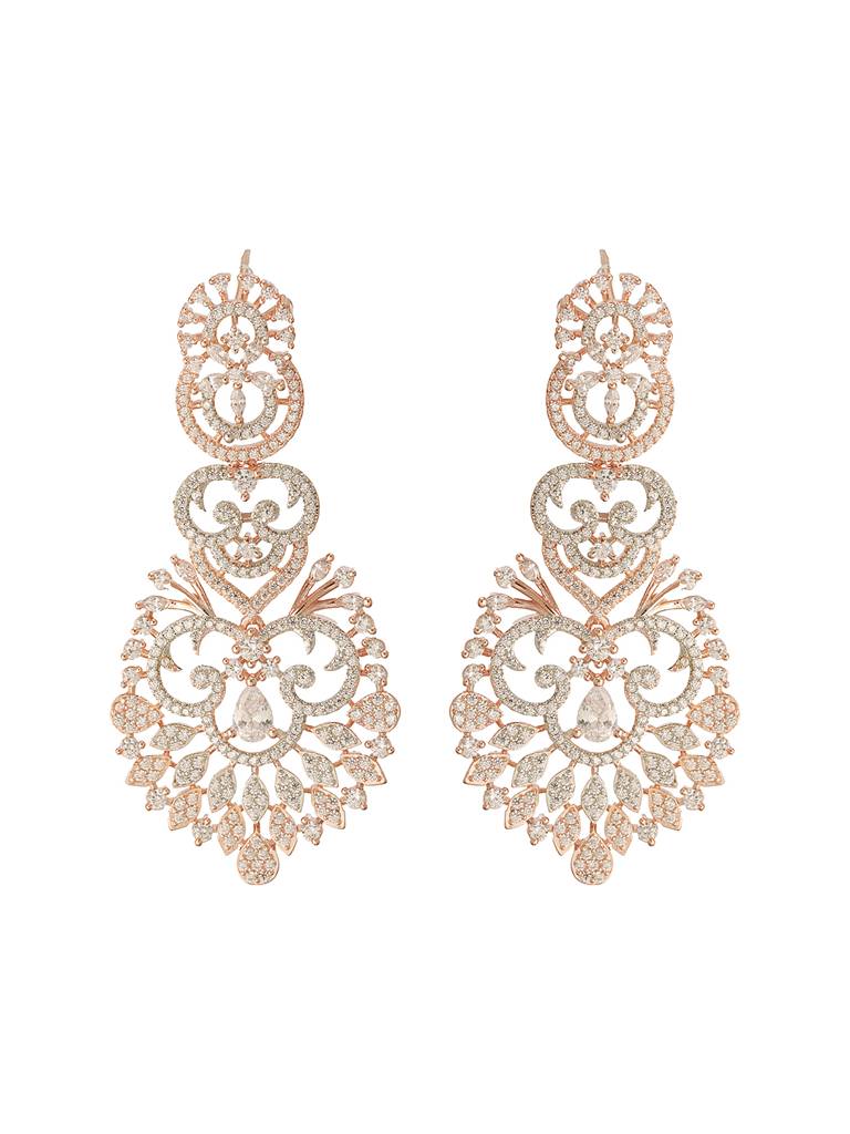 Rose Gold Toned Cubic Zircon Studded Designer Floral Dangler Earrings : SJER2666