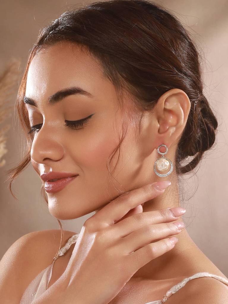 Silver Plated Quirky Pearl Drop Minimal  Orbital Earrings : SJER2667
