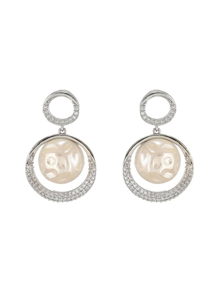 Silver Plated Quirky Pearl Drop Minimal  Orbital Earrings : SJER2667