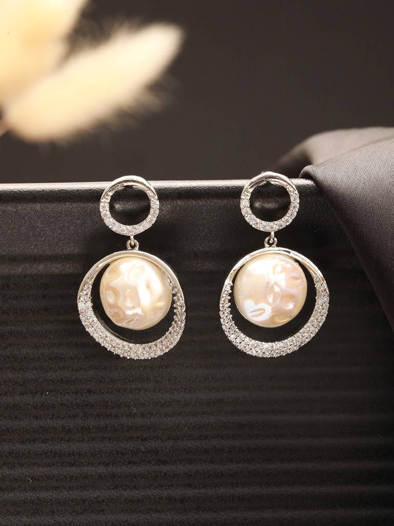 Silver Plated Quirky Pearl Drop Minimal  Orbital Earrings : SJER2667