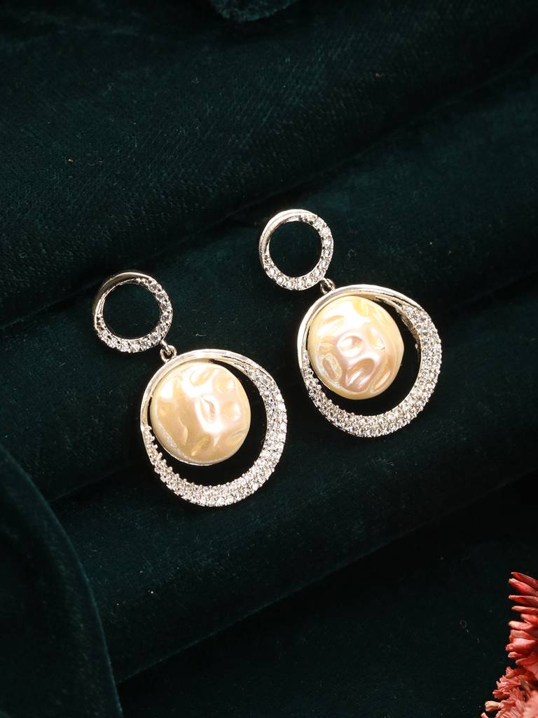 Silver Plated Quirky Pearl Drop Minimal  Orbital Earrings : SJER2667