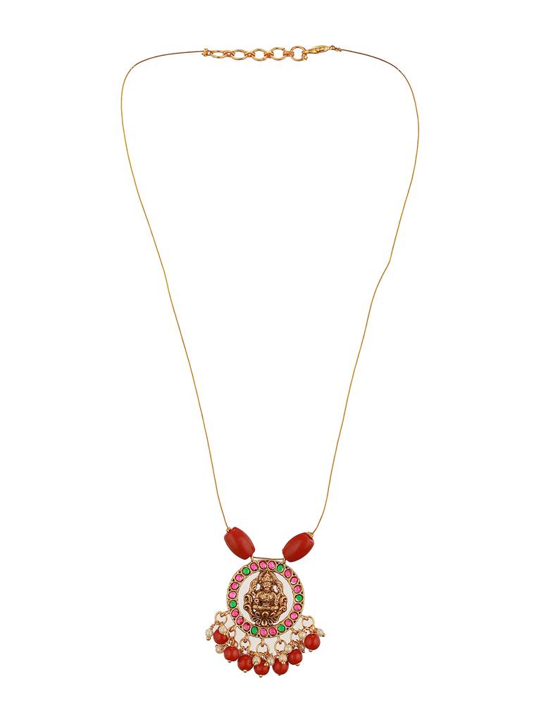 Gold Plated Coral Beaded Temple  Lakshmiji Minimal Invisible Necklace & Chain : SJNK2668