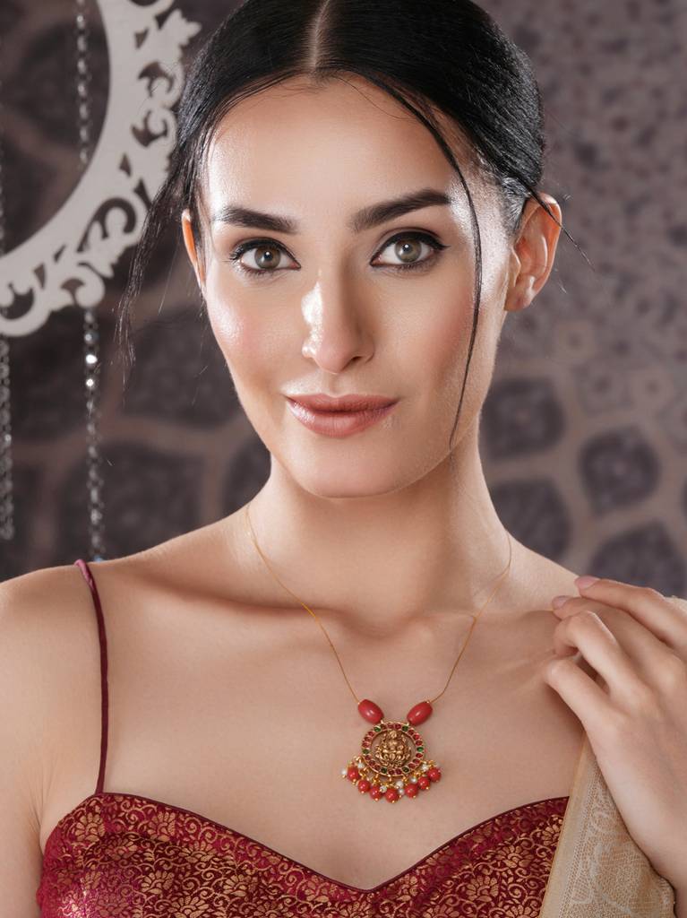 Gold Plated Coral Beaded Temple  Lakshmiji Minimal Invisible Necklace & Chain : SJNK2668