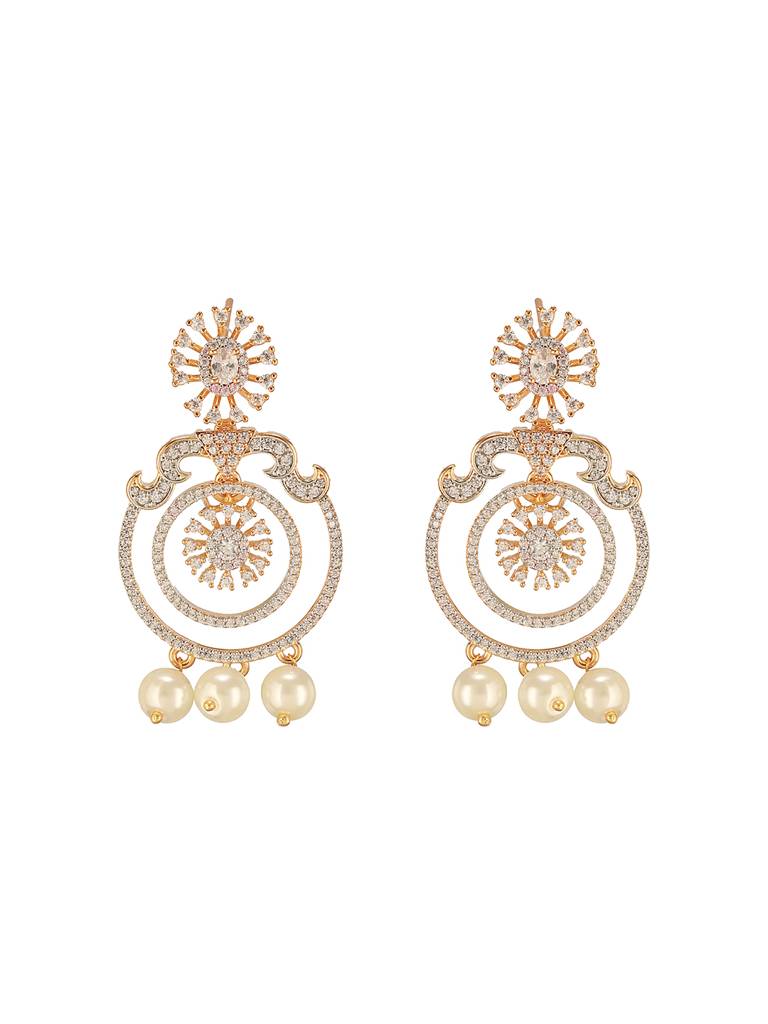 Gold Toned Cubic Zirconia & Pearl Beaded  Designer  Chandelier Chandbali Drop Earrings : SJER2669