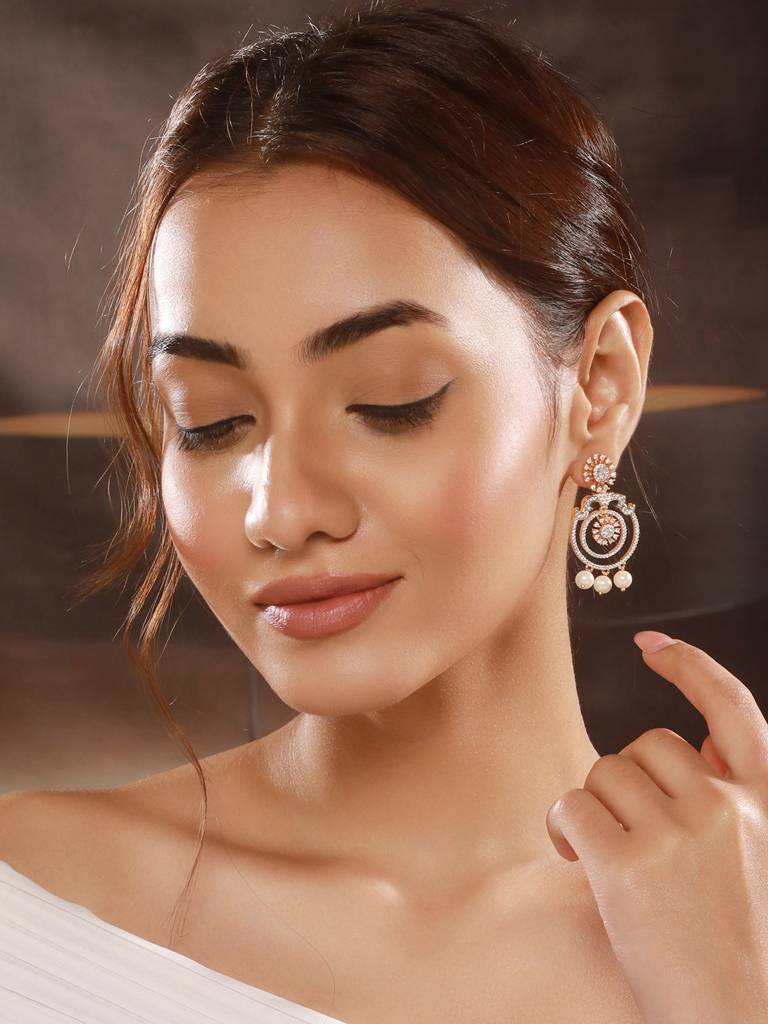 Gold Toned Cubic Zirconia & Pearl Beaded  Designer  Chandelier Chandbali Drop Earrings : SJER2669