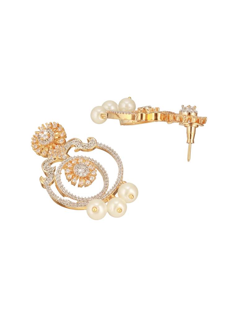 Gold Toned Cubic Zirconia & Pearl Beaded  Designer  Chandelier Chandbali Drop Earrings : SJER2669