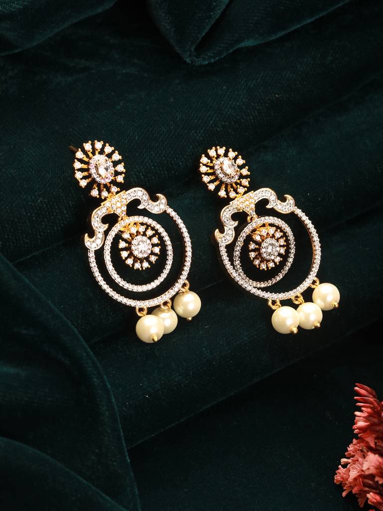Gold Toned Cubic Zirconia & Pearl Beaded  Designer  Chandelier Chandbali Drop Earrings : SJER2669
